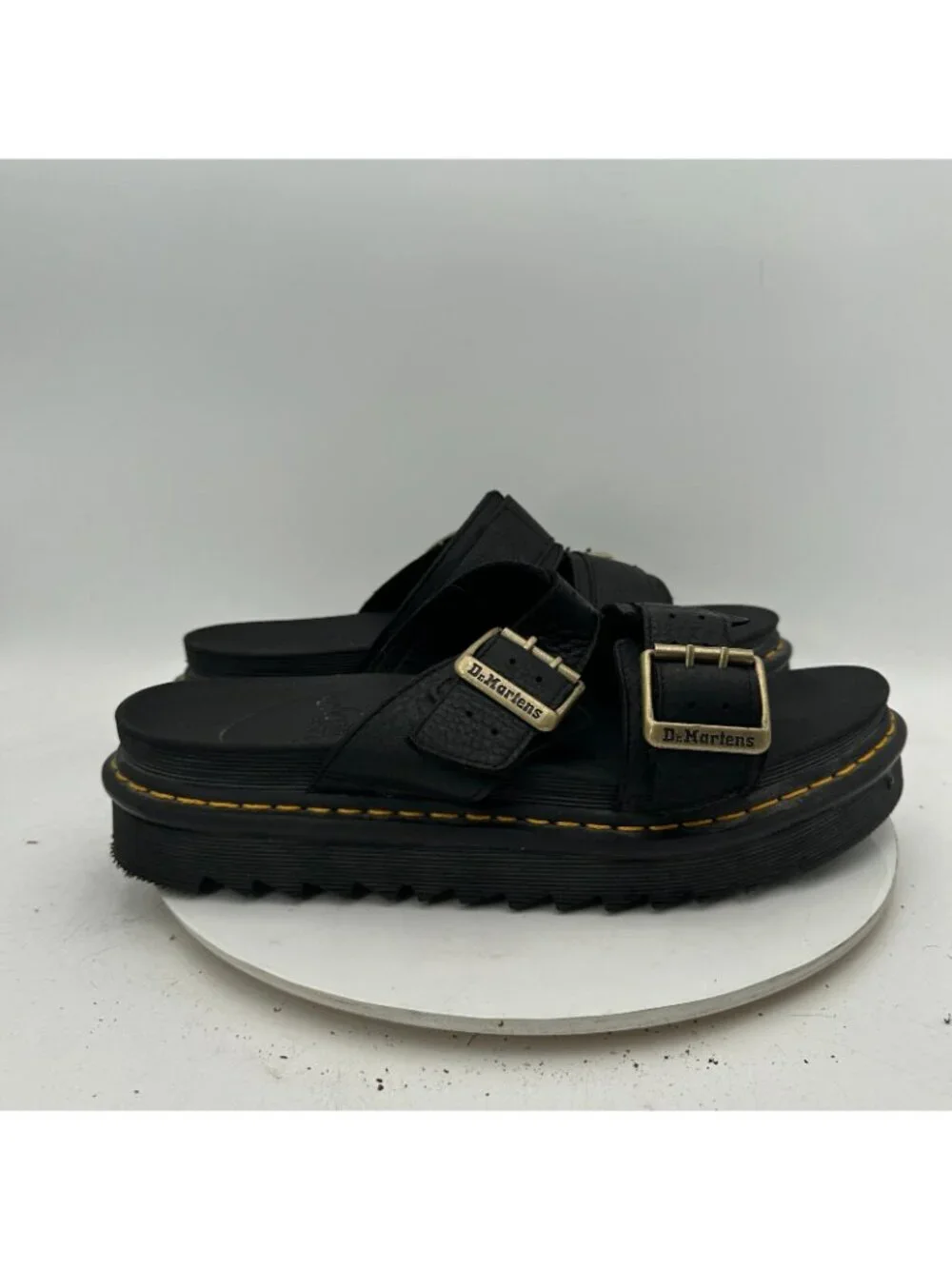 Dr. Martens Myles II Men Size 14 Black Leather  Brass Buckled  Platform Sandal
